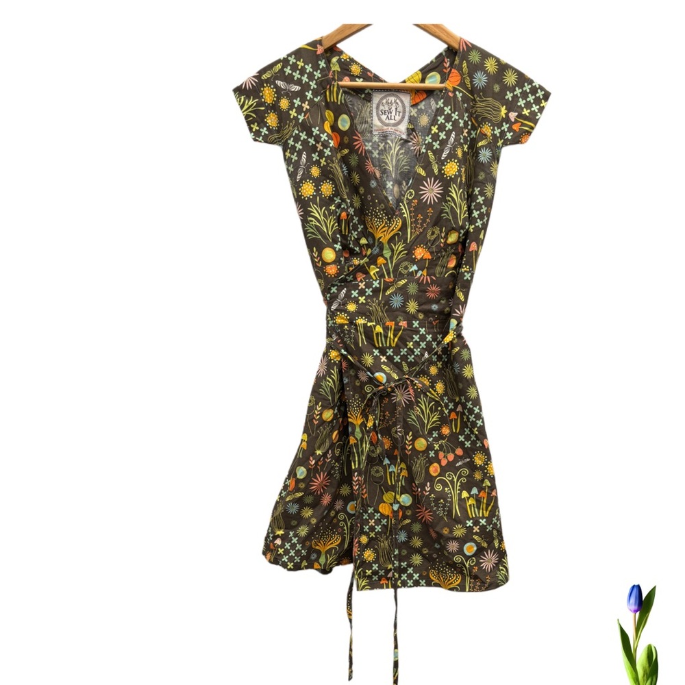 Green and Yellow Wrap Sundress with Flutter sleeves with a pattern of mushrooms